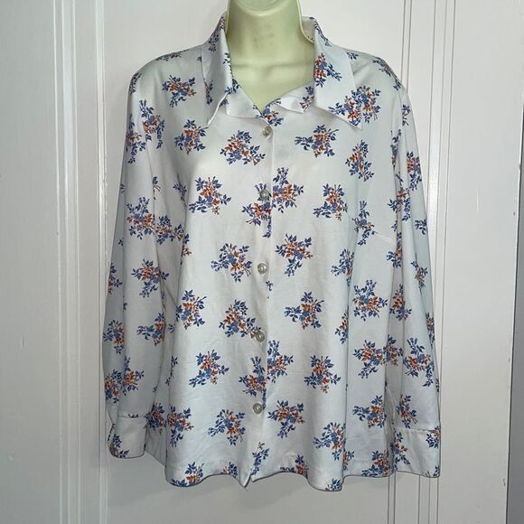 Vtg 70s white polyester knit shirt with floral print - Picture 1 of 9